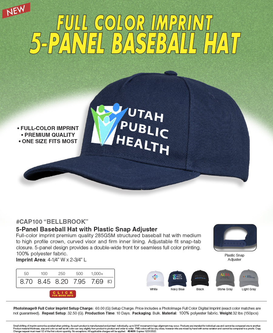 CAP100 5-Panel Baseball Hat with Plastic Snap Adjuster