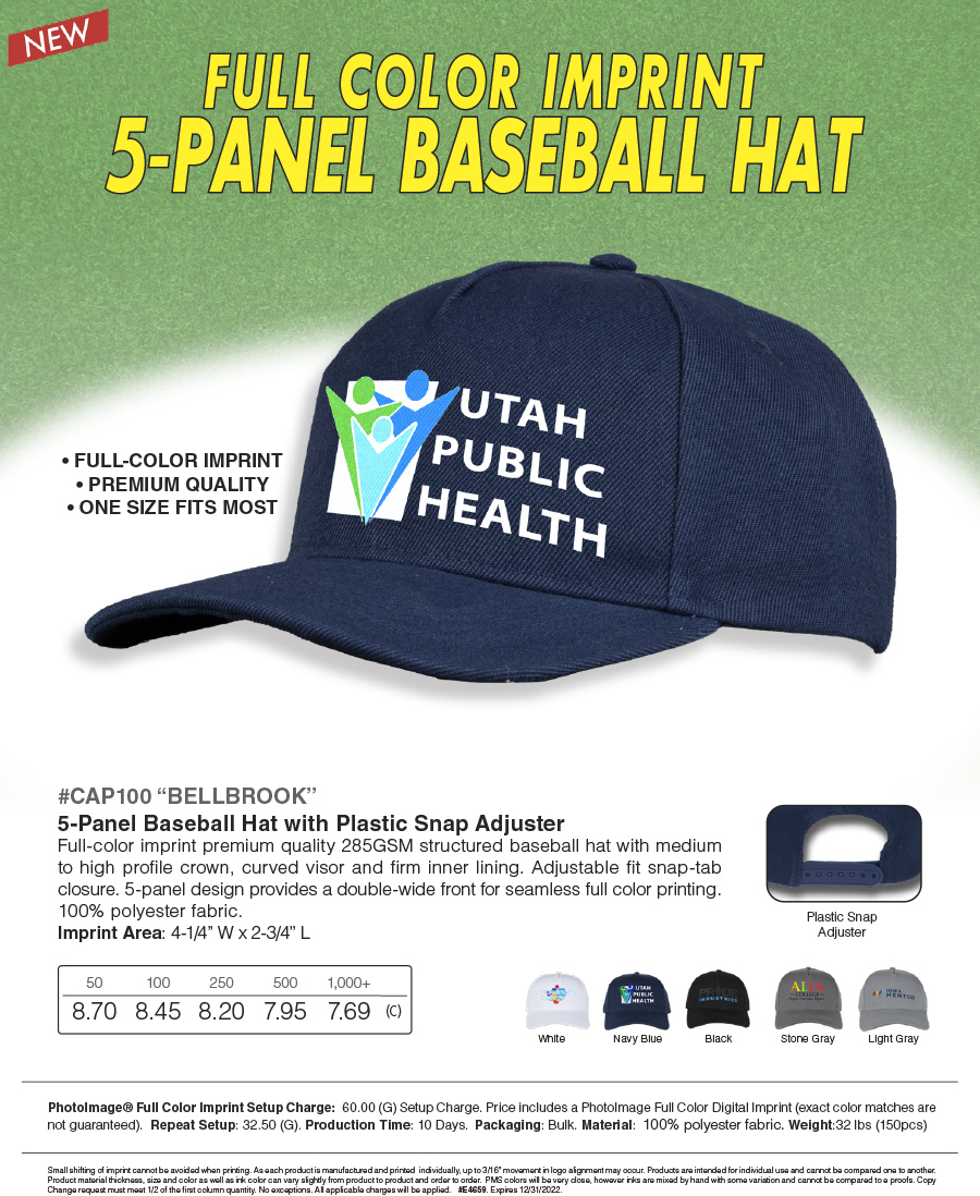 CAP100 5-Panel Baseball Hat with Plastic Snap Adjuster