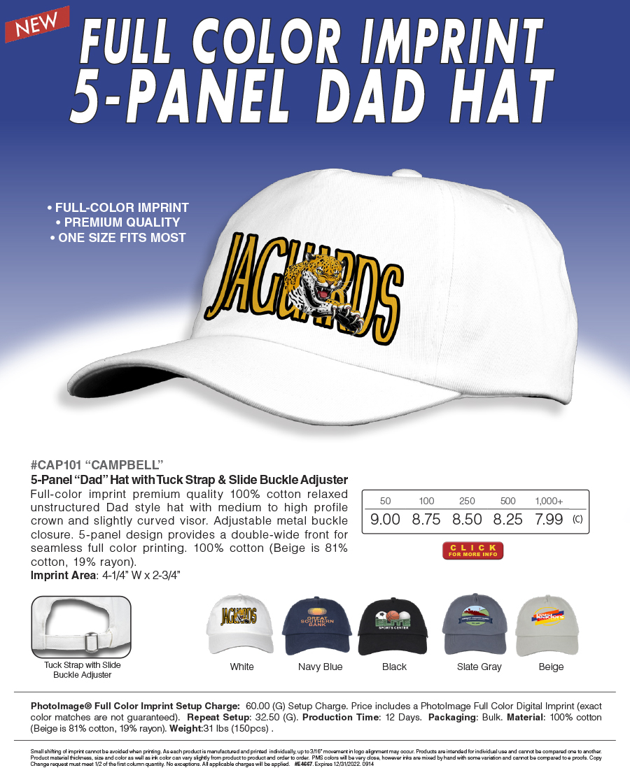 CAP101 5-Panel �Dad� Hat with Tuck Strap & Slide Buckle Adjuster