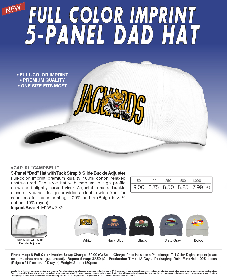 CAP101 5-Panel �Dad� Hat with Tuck Strap & Slide Buckle Adjuster