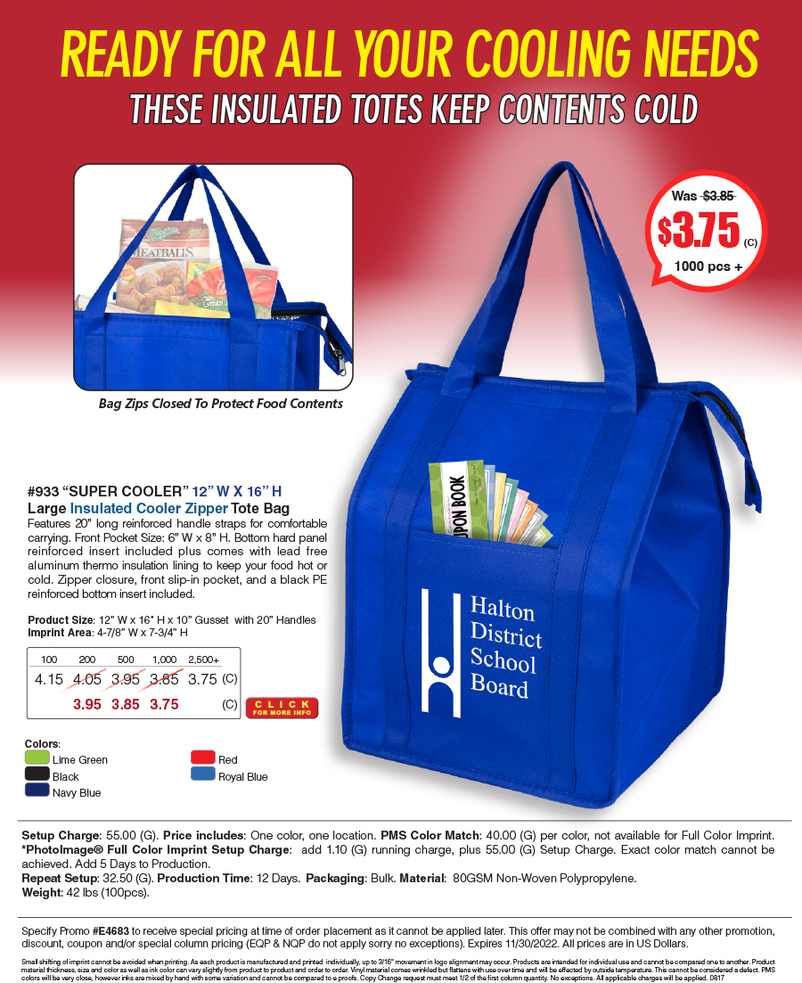 933 80GSM Non-Woven Large Zippered  Insulated -Super Cooler- Tote Bag