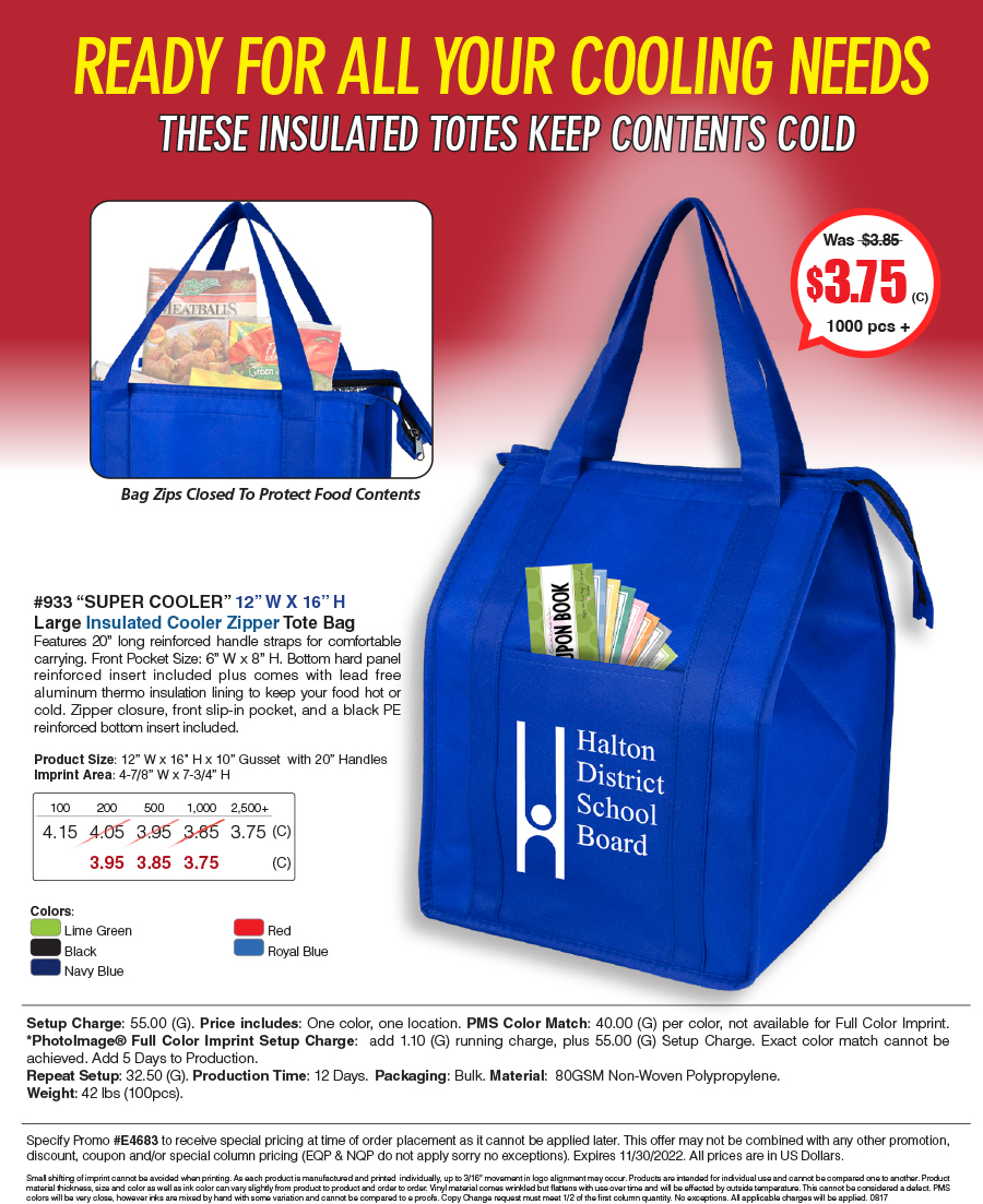 933 80GSM Non-Woven Large Zippered  Insulated -Super Cooler- Tote Bag