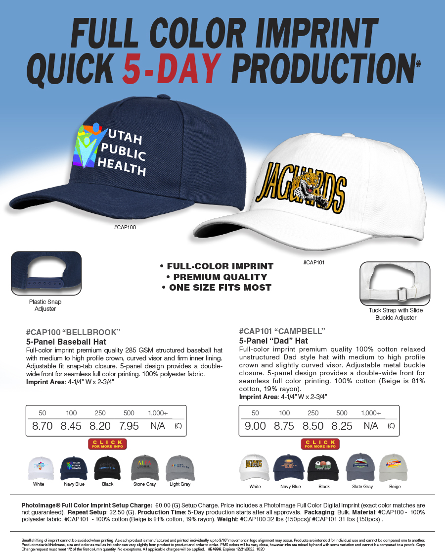 CAP100 CAP101 Full Color Imprint Quick 7-Day Production* Caps