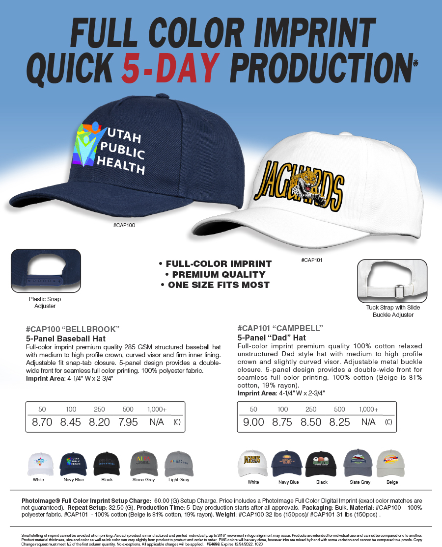 CAP100 CAP101 Full Color Imprint Quick 7-Day Production* Caps
