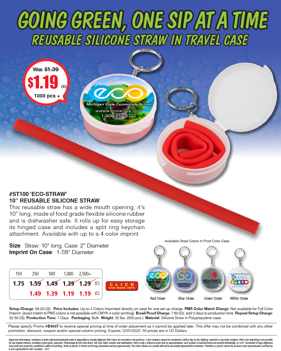 Full Color Imprint ST100 Eco-Straw - 10 inch Reusable Silicone Straw