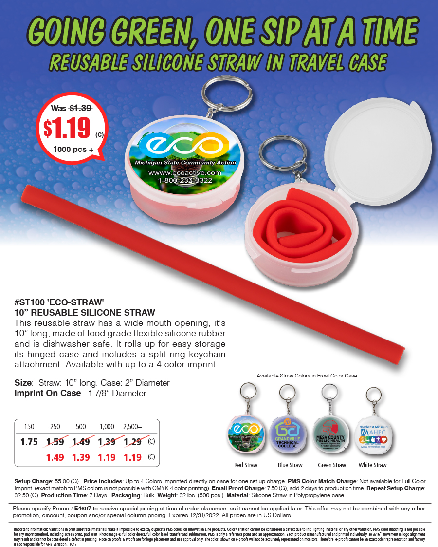 Full Color Imprint ST100 Eco-Straw - 10 inch Reusable Silicone Straw