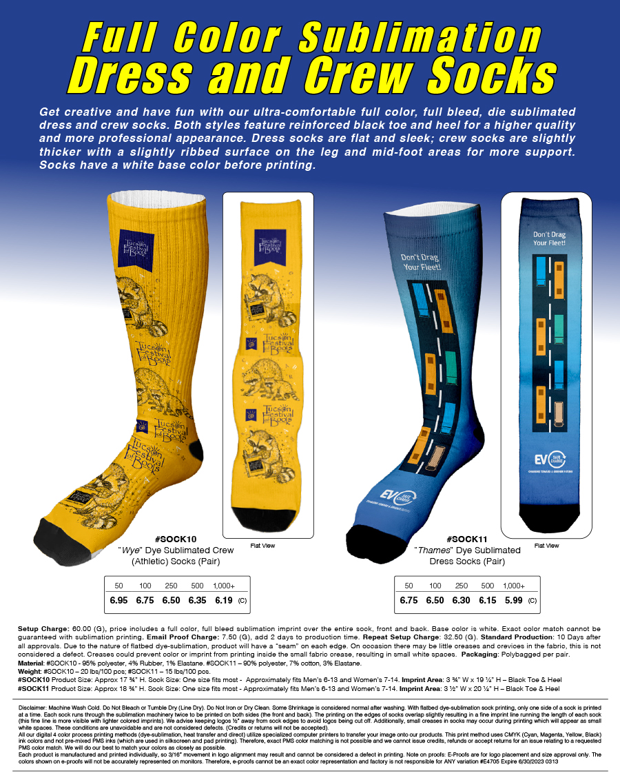 SOCK10 SOCK11 Full Color Sublimation Dress and Crew Socks 
