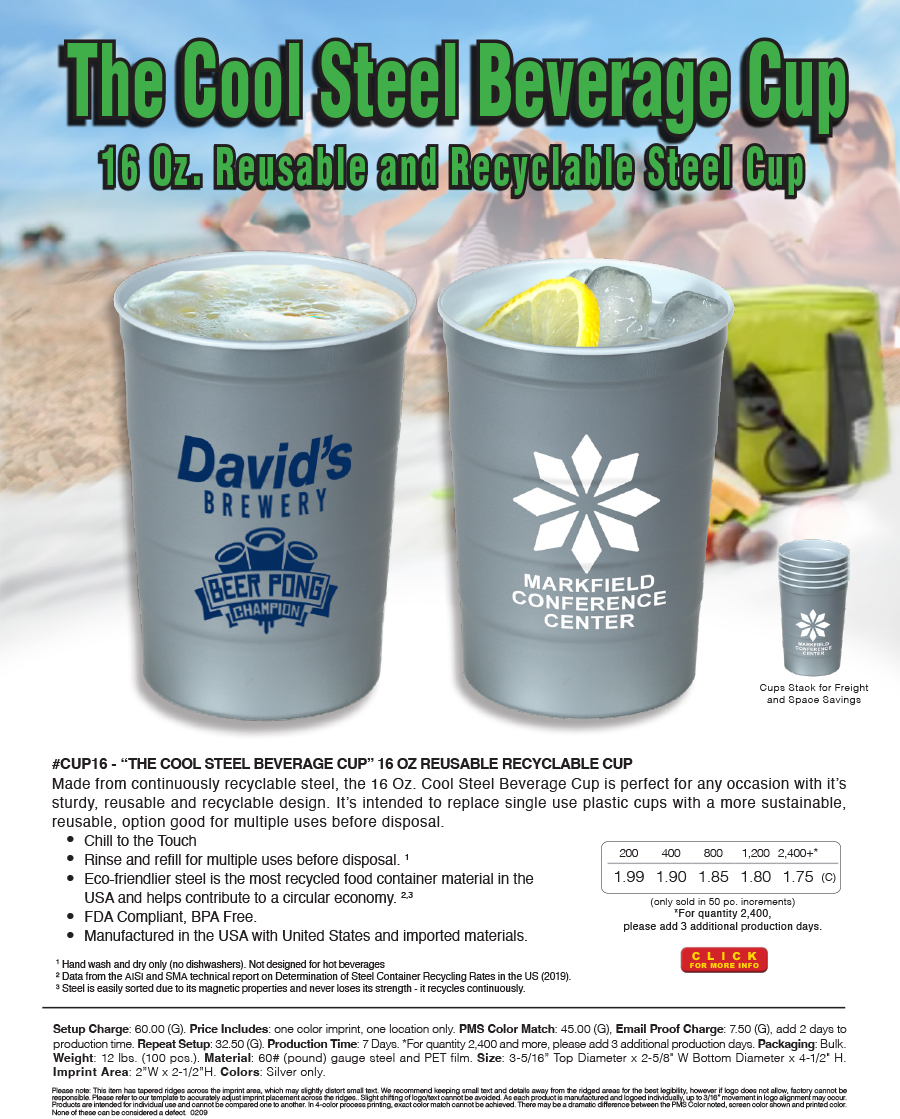 CUP16 The Cool Steel Beverage Cup 16 OZ REUSABLE RECYCLABLE CUP