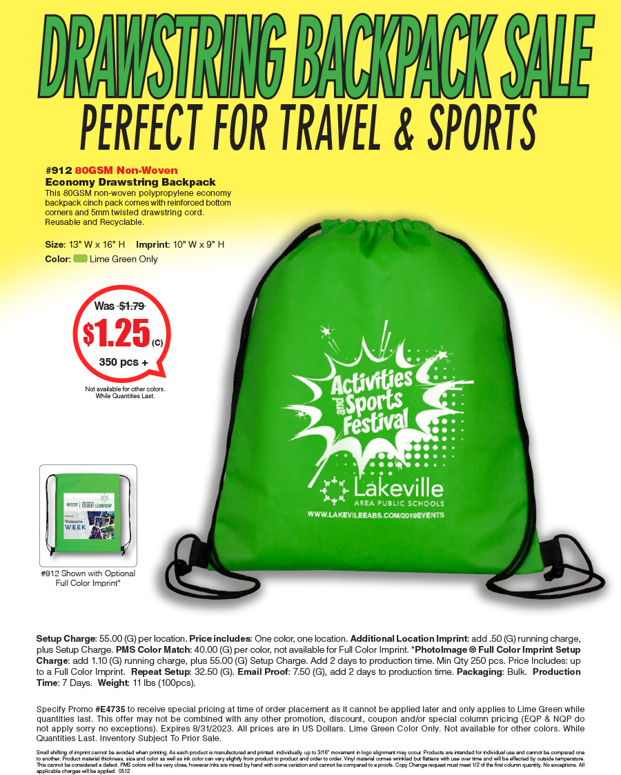 912 Polyester and NonWoven Cinch Pack Backpack