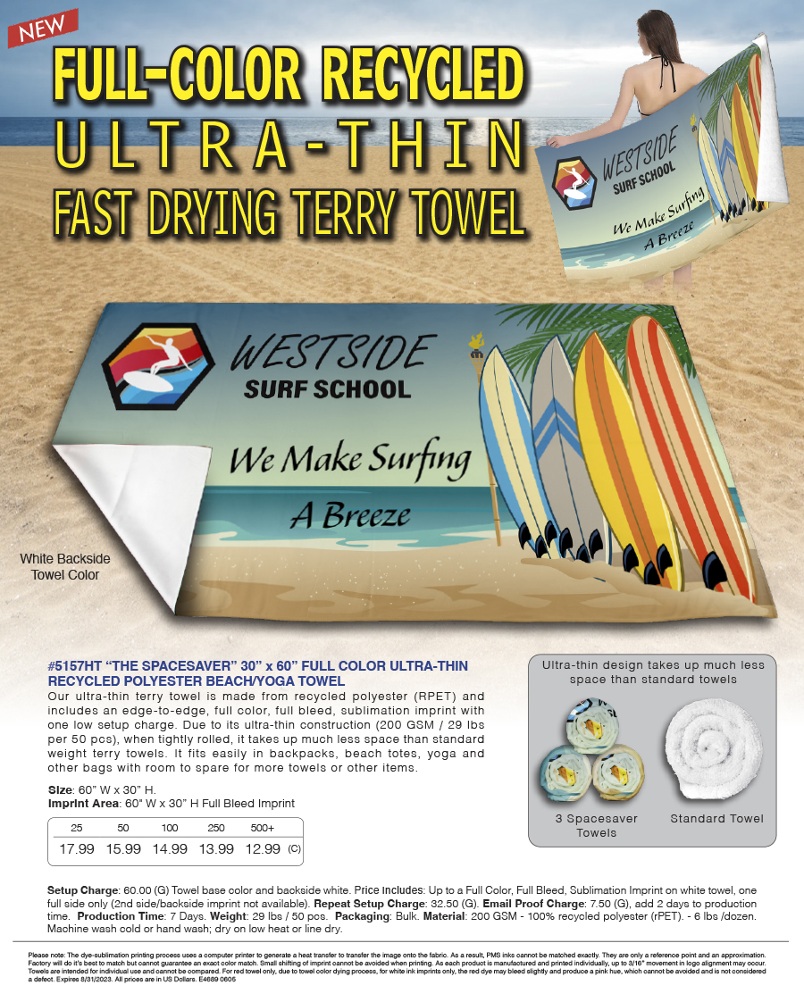5157HT The SPACESAVER - 30 in x 60 in FULL COLOR ULTRA-THIN RECYCLED POLYESTER BEACH/YOGA TOWEL