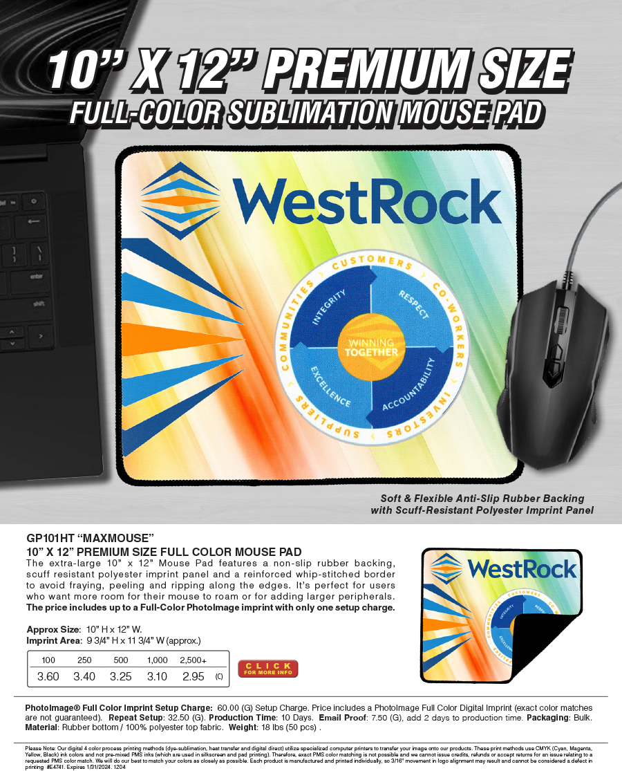 #GP101HT -MaxMouse- 10 x 12 Premium Size Full Color Mouse Pad