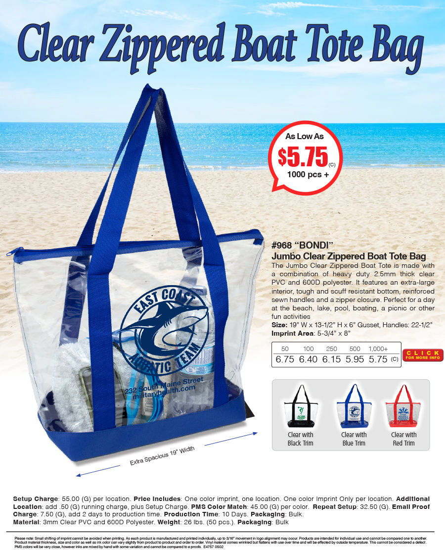 #968 Jumbo Clear Zippered Boat Tote Bag