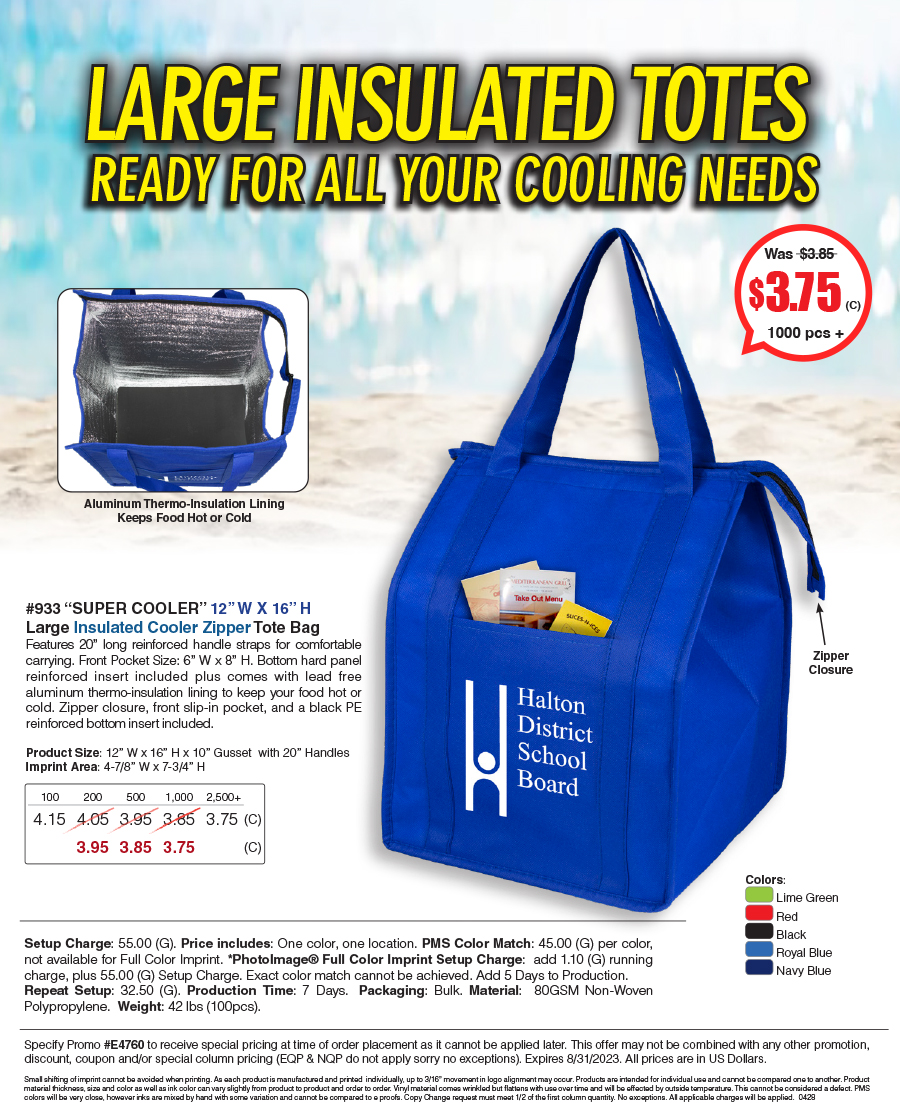 933 80GSM NonWoven Large Zippered Insulated Super Cooler Tote Bag