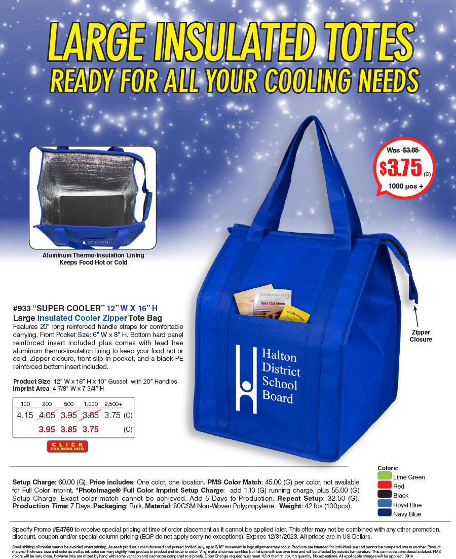 933 80GSM Non-Woven Large Zippered  Insulated -Super Cooler- Tote Bag