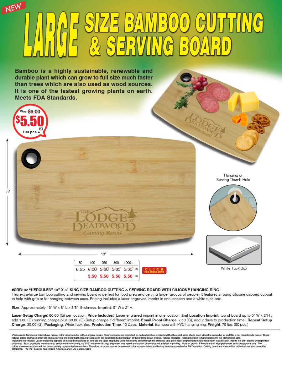 CBB102 Hercules - 13 in. x 8 in. King Size Bamboo Cutting and Serving Board with Silicone Hanging Ring