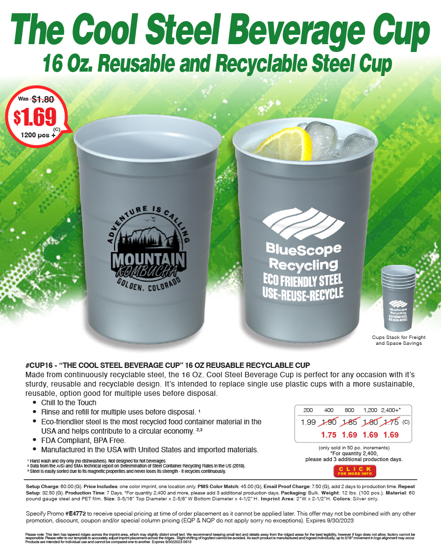 #CUP16 - The Cool Steel Beverage Cup - 16 OZ REUSABLE RECYCLABLE CUP
