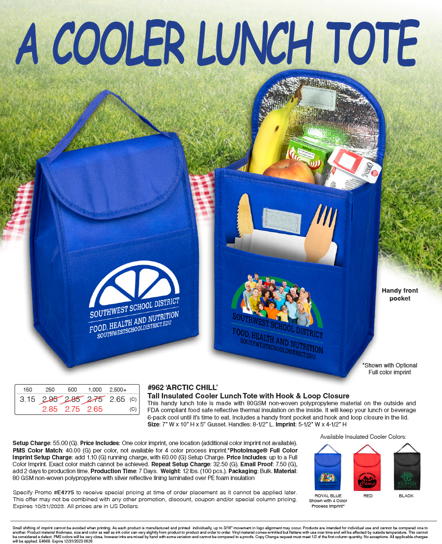 962 ARCTIC Chill - Tall Insulated Cooler Lunch Tote with Hook & Loop Closure