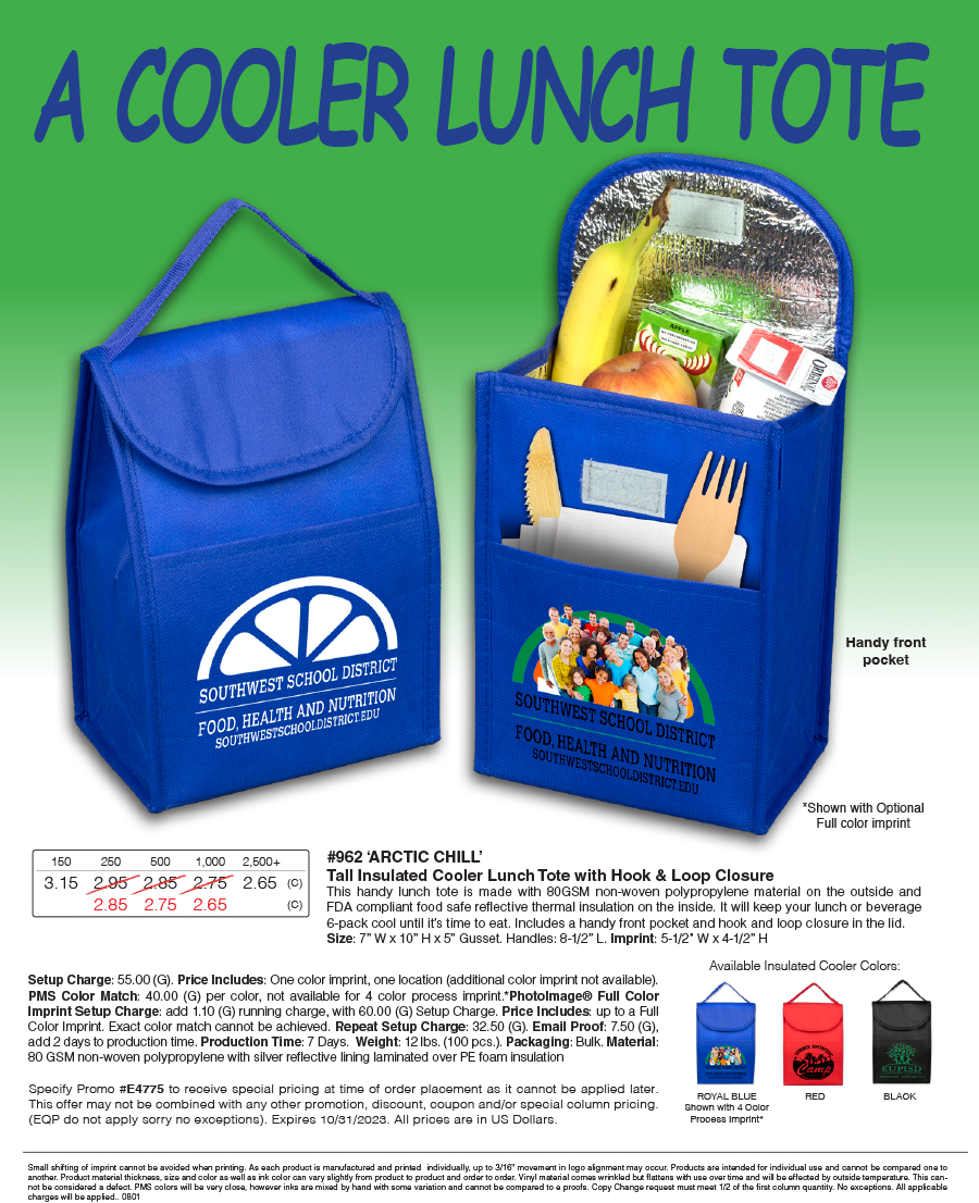 962 ARCTIC Chill - Tall Insulated Cooler Lunch Tote with Hook & Loop Closure