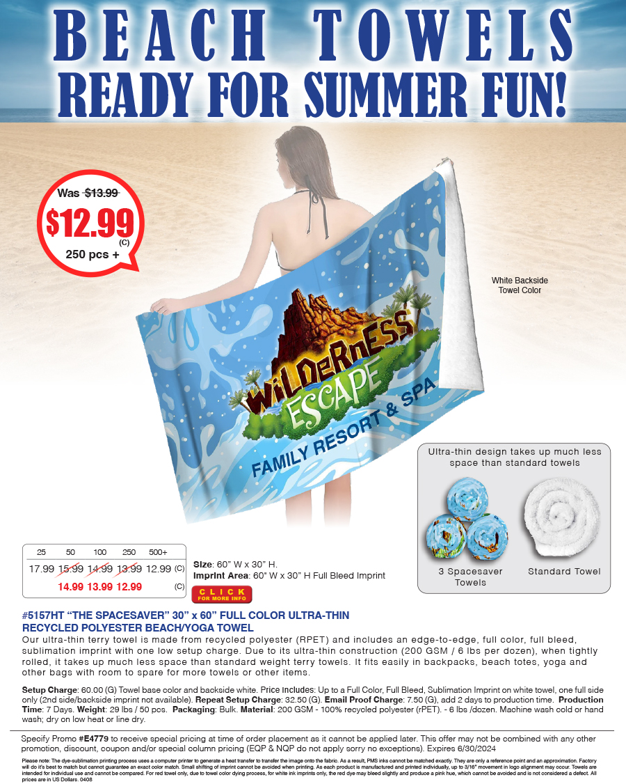 5157HT The SPACESAVER - 30 in x 60 in FULL COLOR ULTRA-THIN RECYCLED POLYESTER BEACH/YOGA TOWEL