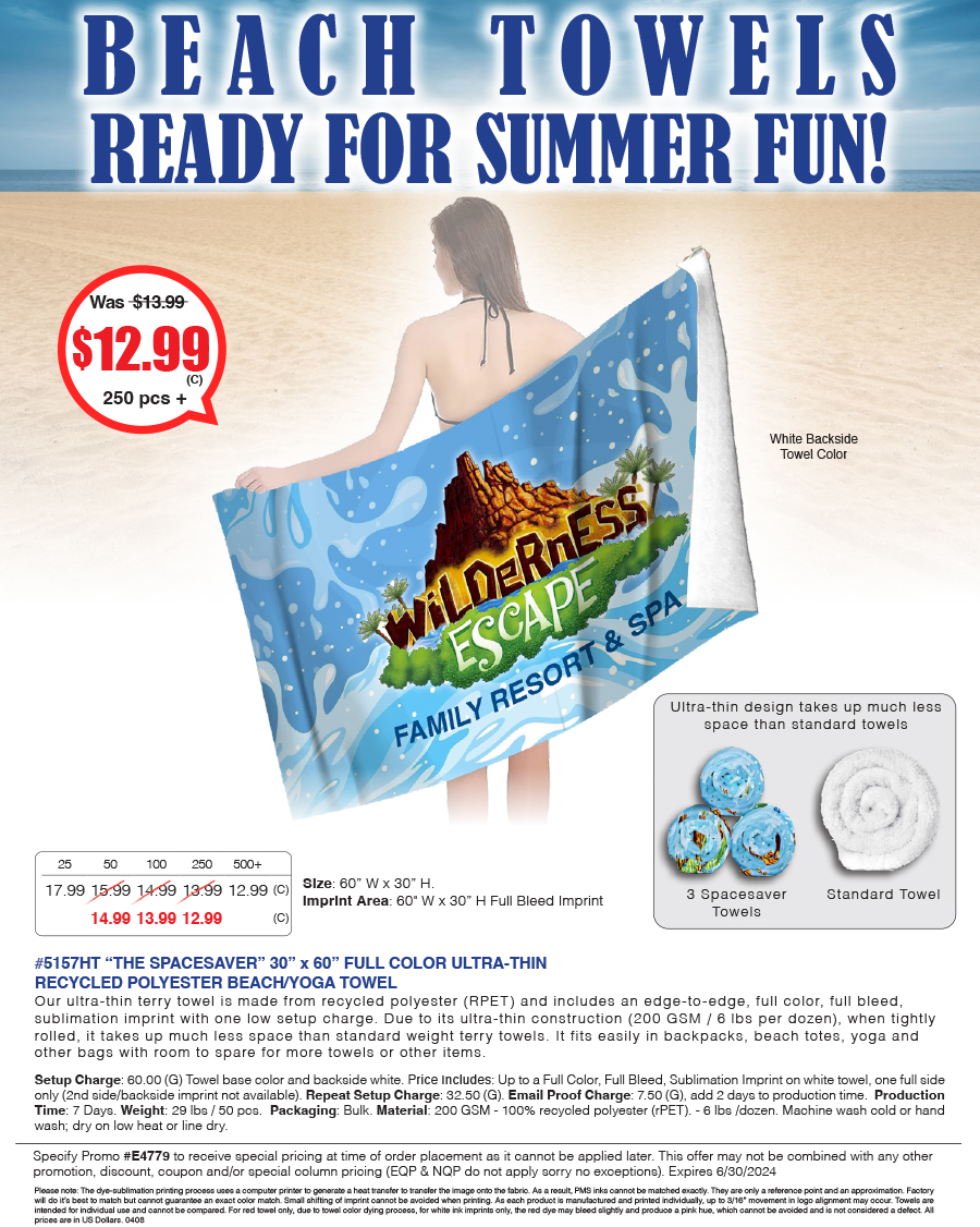 5157HT The SPACESAVER - 30 in x 60 in FULL COLOR ULTRA-THIN RECYCLED POLYESTER BEACH/YOGA TOWEL