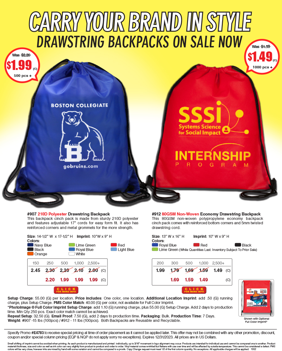 907 912 Polyester and Non-Woven Cinch Pack Backpack