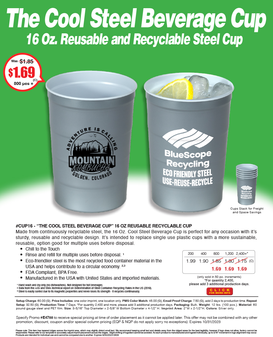#CUP16 - The Cool Steel Beverage Cup - 16 OZ REUSABLE RECYCLABLE CUP