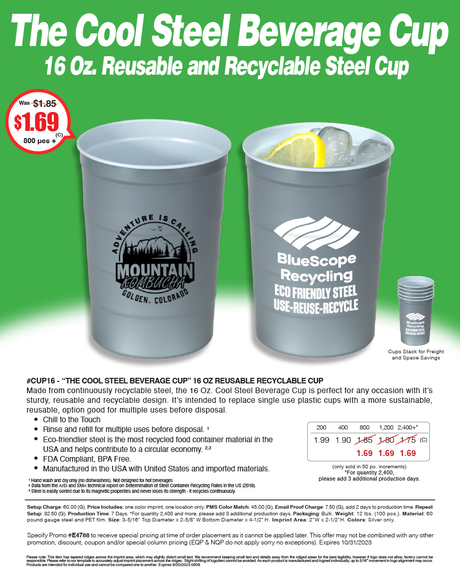 #CUP16 - The Cool Steel Beverage Cup - 16 OZ REUSABLE RECYCLABLE CUP