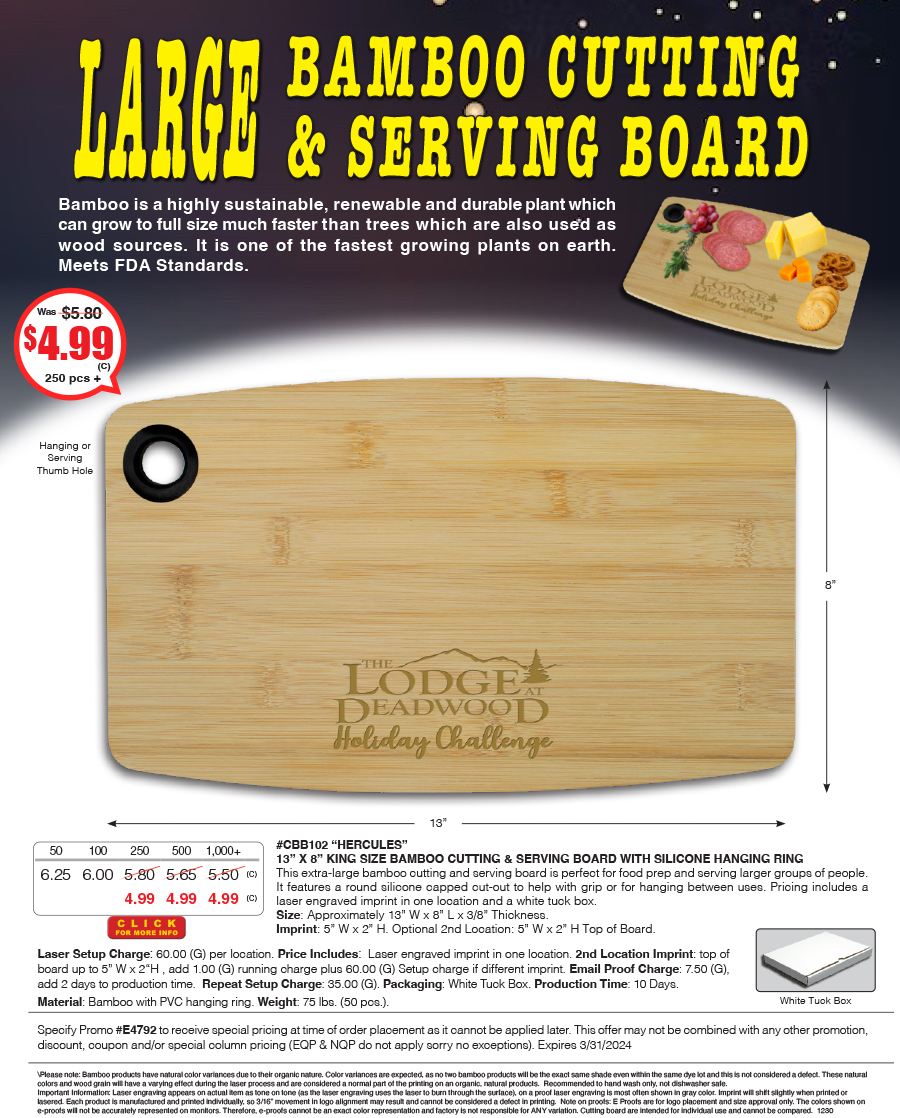 CBB102 - 13 in. x 8 in. King Size Bamboo Cutting and Serving Board with Silicone Hanging Ring