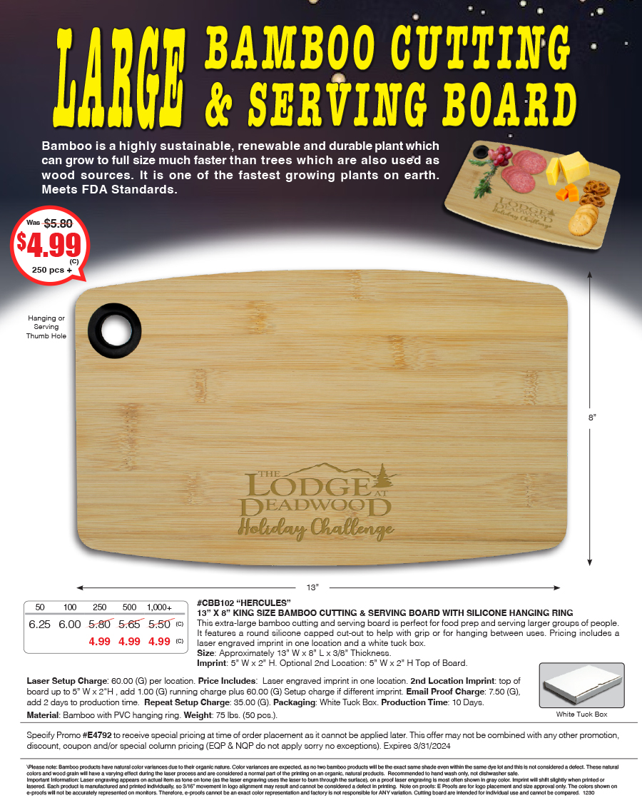 CBB102 - 13 in. x 8 in. King Size Bamboo Cutting and Serving Board with Silicone Hanging Ring