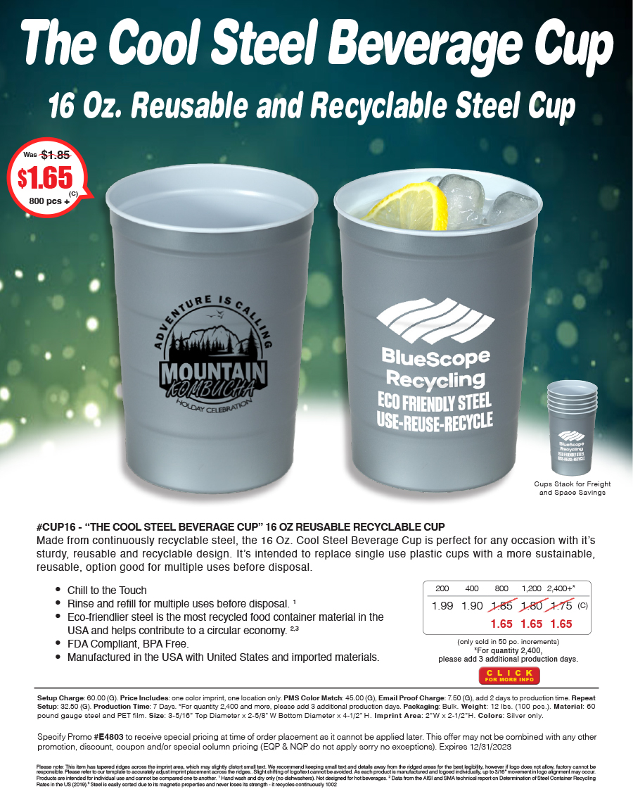 #CUP16 - The Cool Steel Beverage Cup - 16 OZ REUSABLE RECYCLABLE CUP