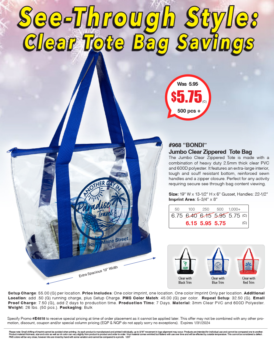 #968 Jumbo Clear Zippered Tote Bag