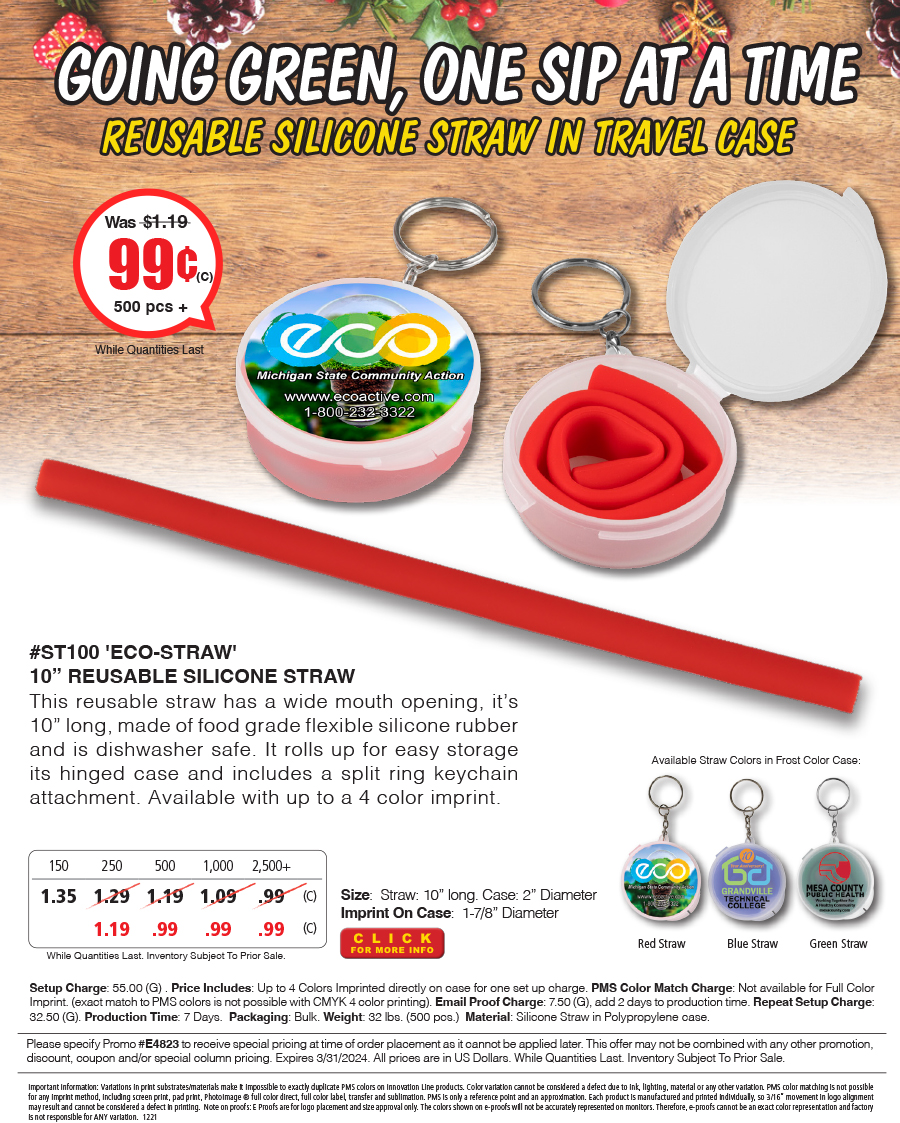 Full Color Imprint ST100 Eco-Straw - 10 inch Reusable Silicone Straw