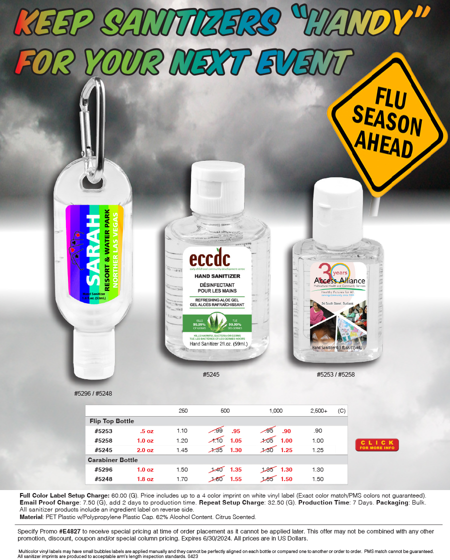 #4 Color 1 oz Sanitizer Antibacterial Gel in Flip-Top Bottle with Carabiner