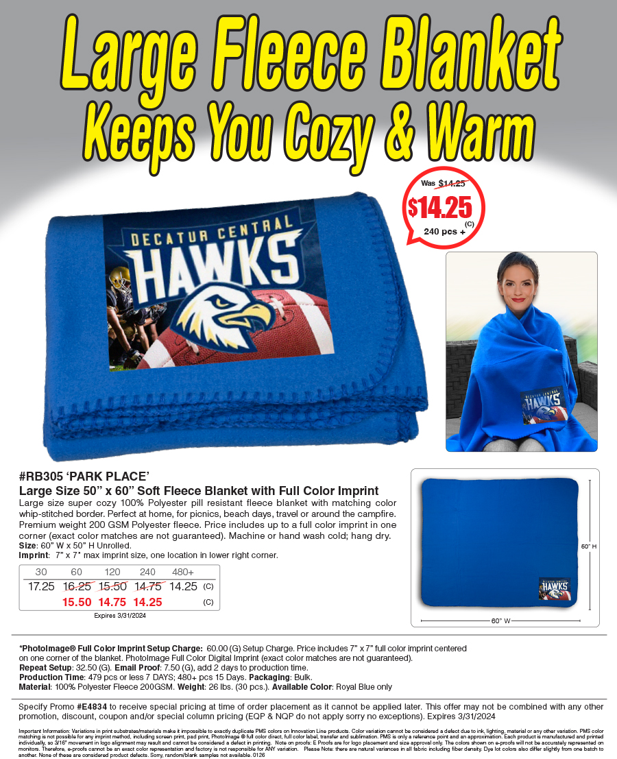 RB305 Large Fleece Blanket with Full Color Imprint