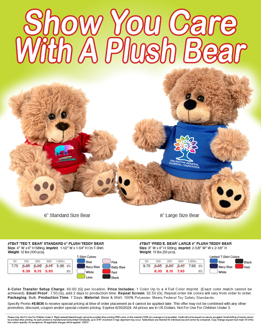 #TB6T  TB8T Plush Teddy Bear with Choice of T-Shirt Color