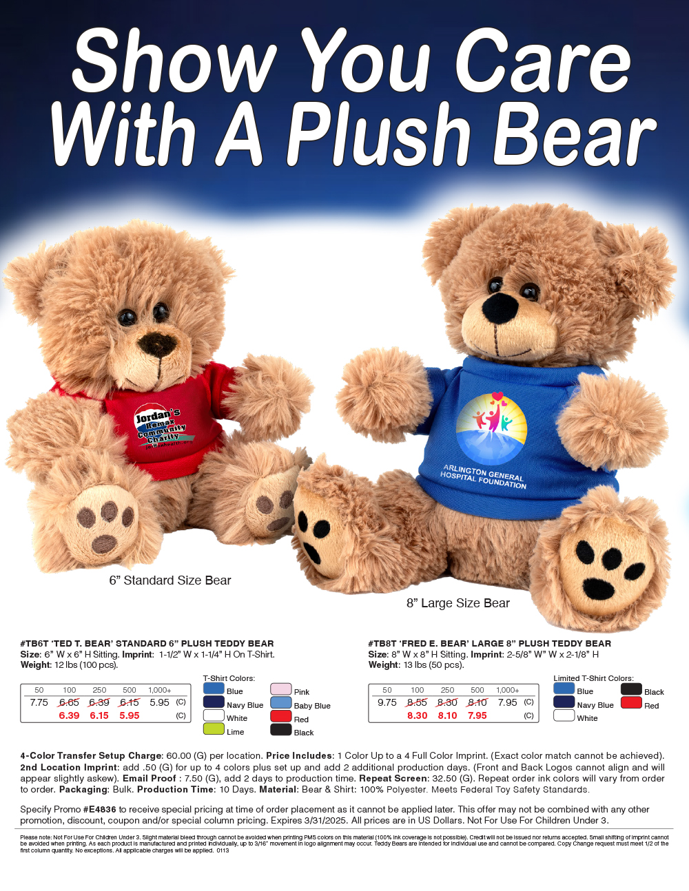 #TB6T  TB8T Plush Teddy Bear with Choice of T-Shirt Color