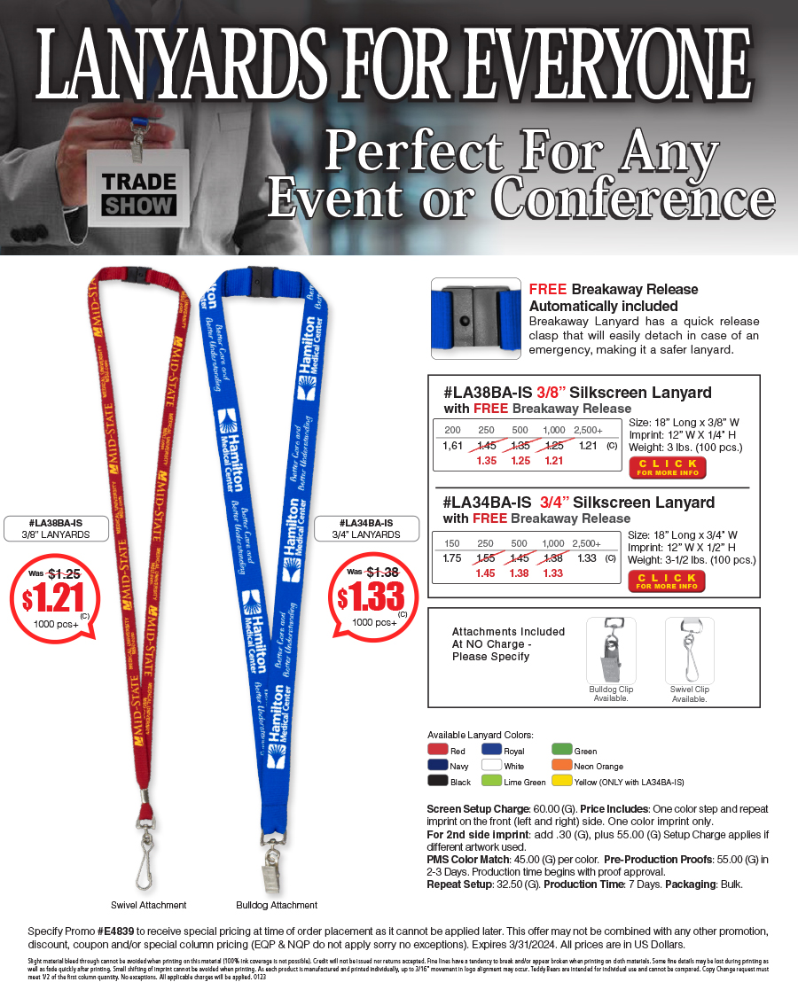 #LA38BA-IS 3/8� Silkscreen Lanyard with FREE Breakaway Release - #LA34BA-IS 3/4� Silkscreen Lanyard with FREE Breakaway Release
