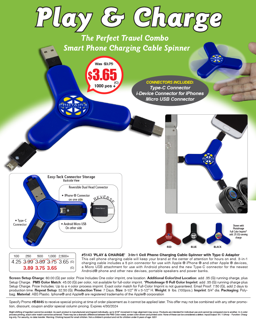 5143 3-in-1 Cell Phone Charging Cable Spinner
