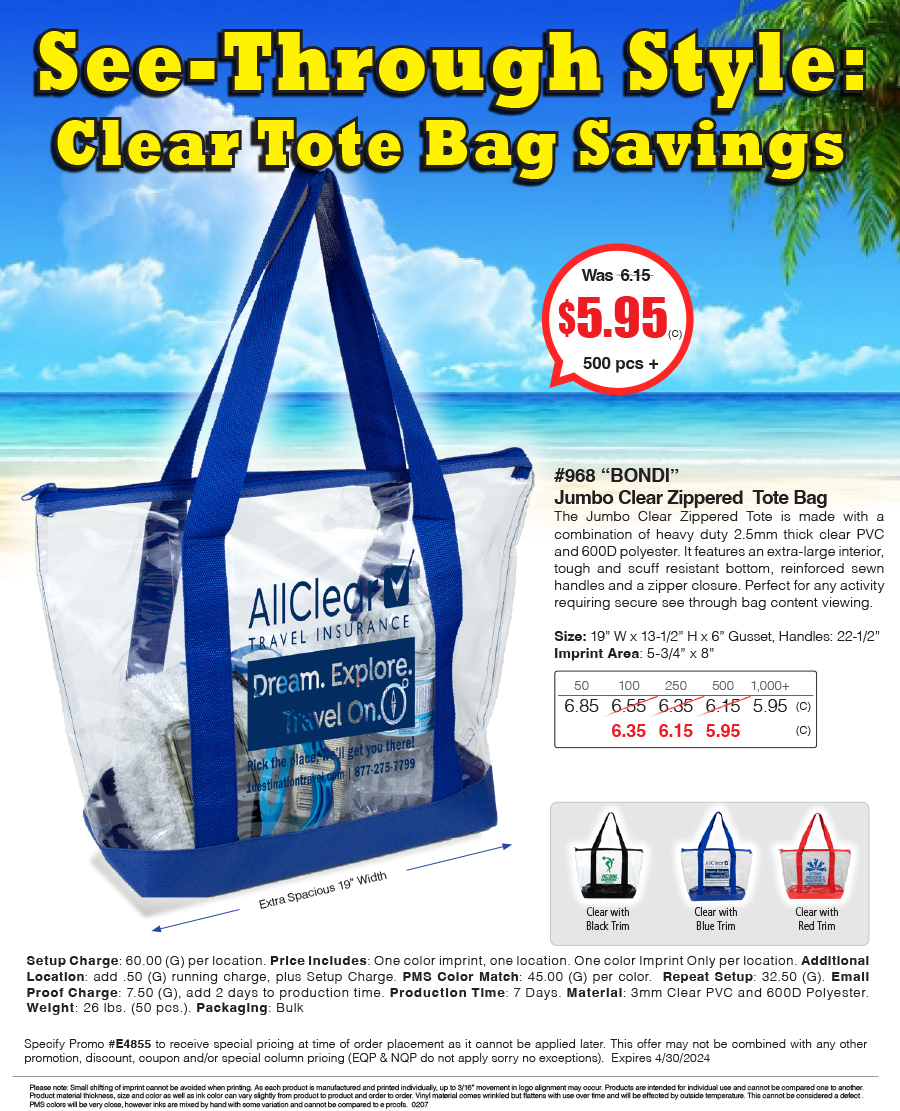 #968 Jumbo Clear Zippered Tote Bag