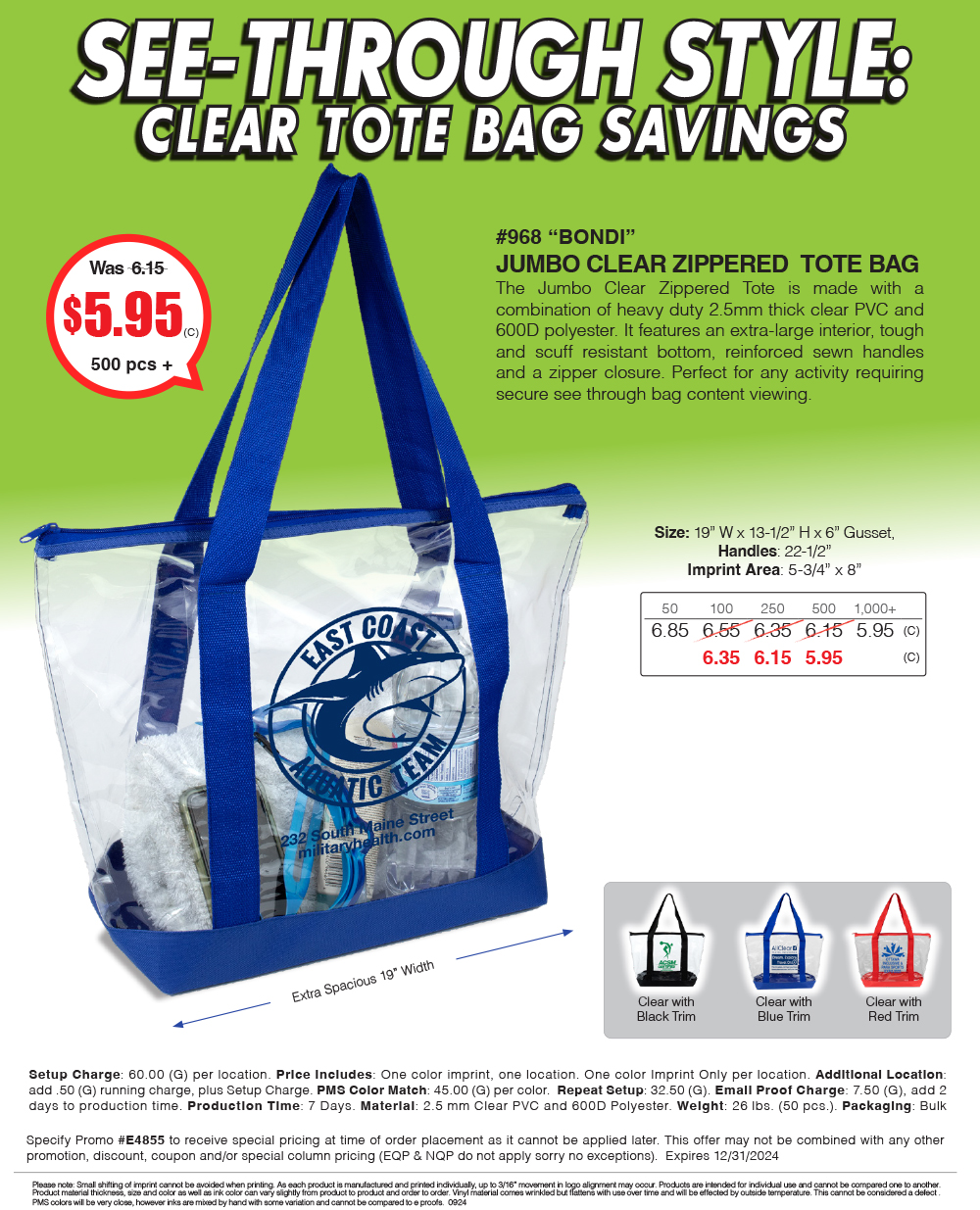#968 Jumbo Clear Zippered Tote Bag