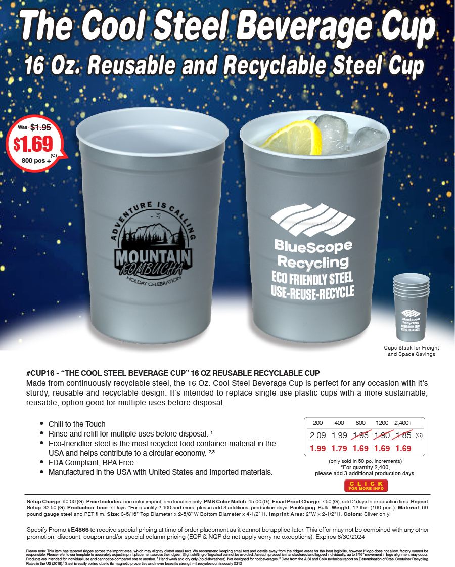 #CUP16 - The Cool Steel Beverage Cup - 16 OZ REUSABLE RECYCLABLE CUP