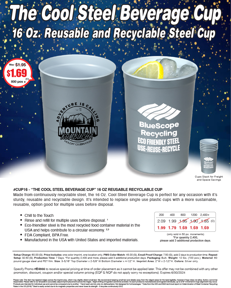 #CUP16 - The Cool Steel Beverage Cup - 16 OZ REUSABLE RECYCLABLE CUP