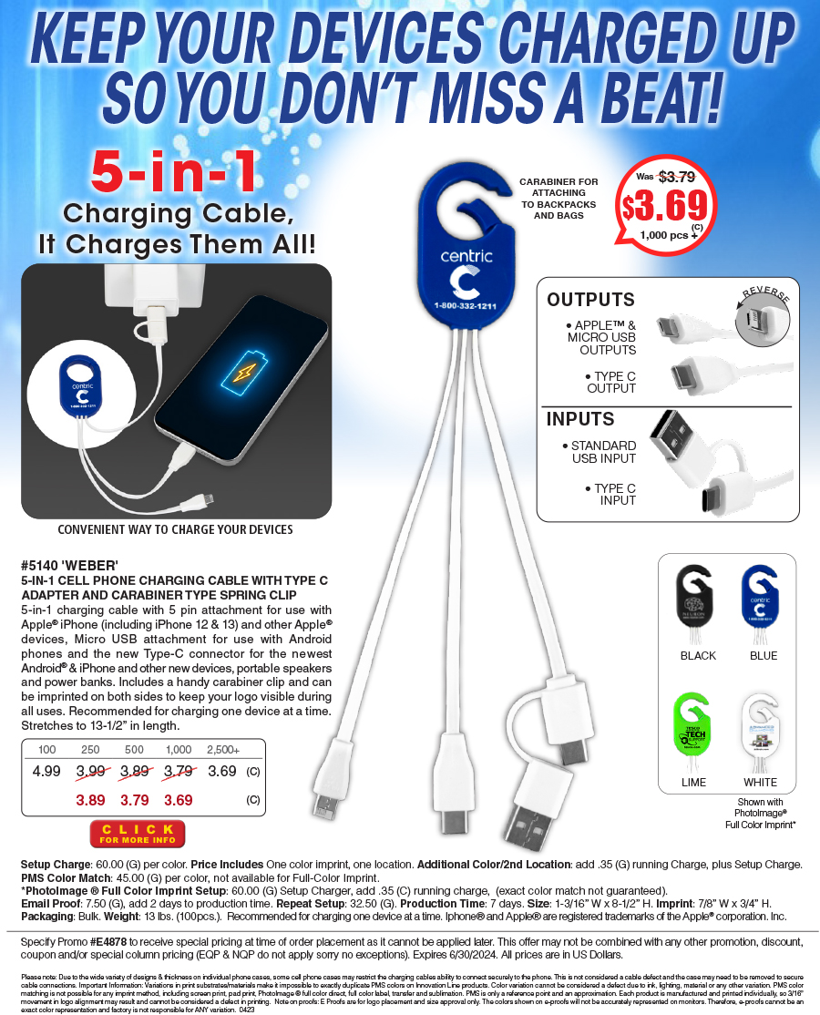 #5140 5-in-1 Cell Phone Charging Cable with Type C Adapter and Carabiner Type Spring Clip
