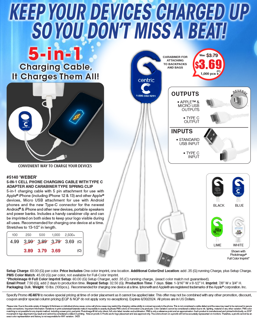 #5140 5-in-1 Cell Phone Charging Cable with Type C Adapter and Carabiner Type Spring Clip