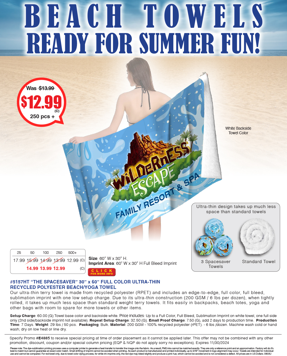 5157HT The SPACESAVER - 30 in x 60 in FULL COLOR ULTRA-THIN RECYCLED POLYESTER BEACH/YOGA TOWEL