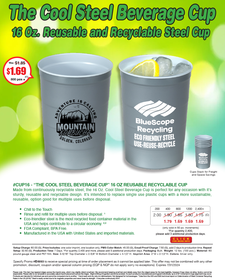#CUP16 - The Cool Steel Beverage Cup - 16 OZ REUSABLE RECYCLABLE CUP