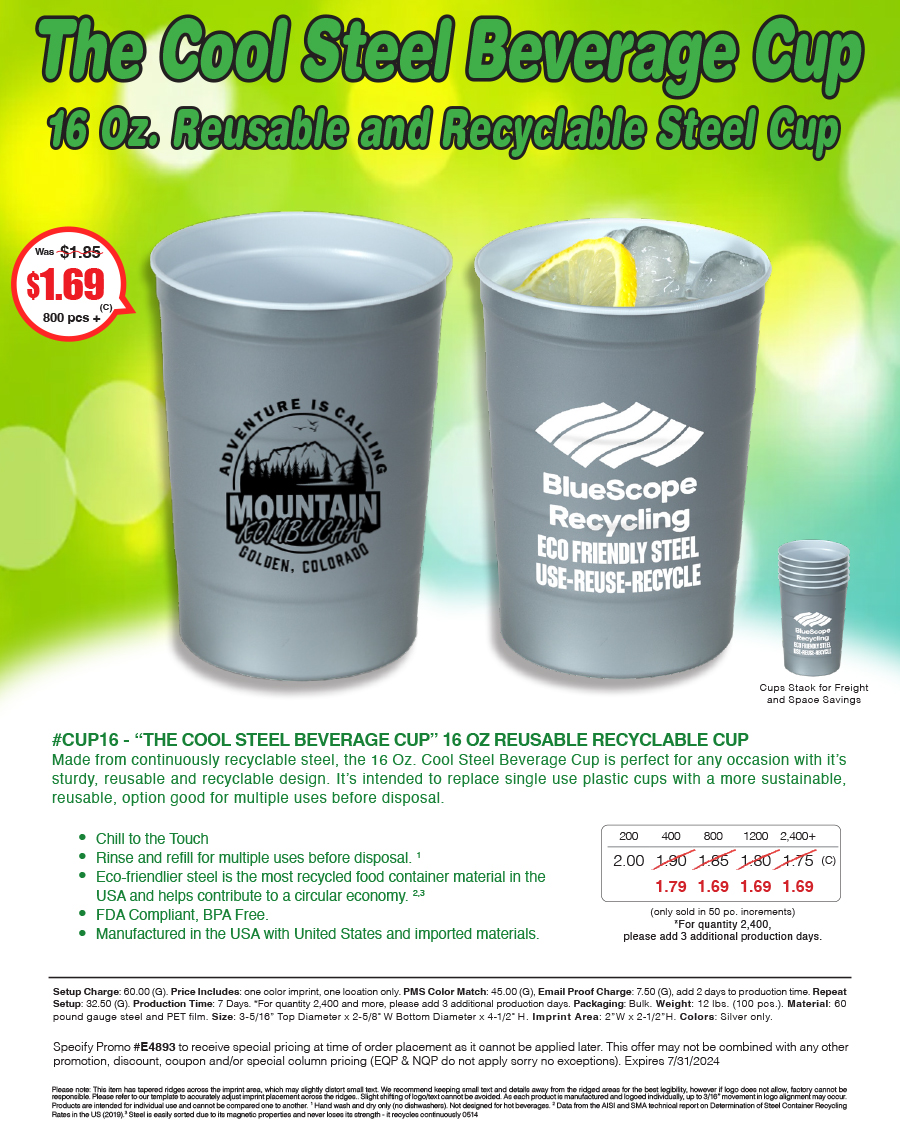 #CUP16 - The Cool Steel Beverage Cup - 16 OZ REUSABLE RECYCLABLE CUP