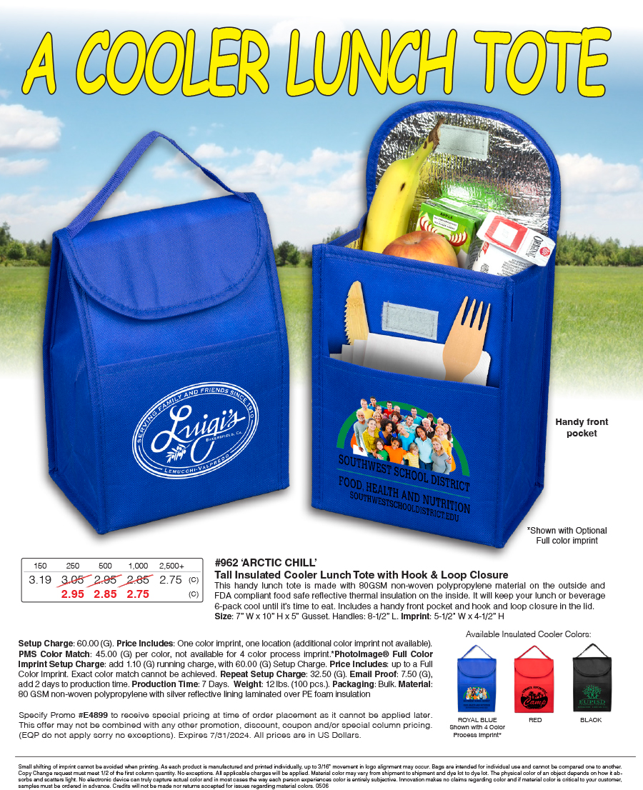 962 ARCTIC Chill - Tall Insulated Cooler Lunch Tote with Hook & Loop Closure