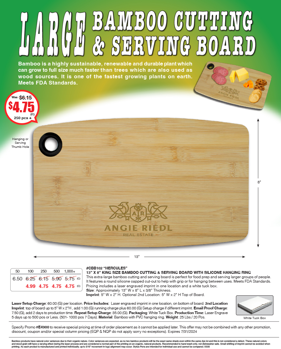 CBB102 - 13 in. x 8 in. King Size Bamboo Cutting and Serving Board with Silicone Hanging Ring