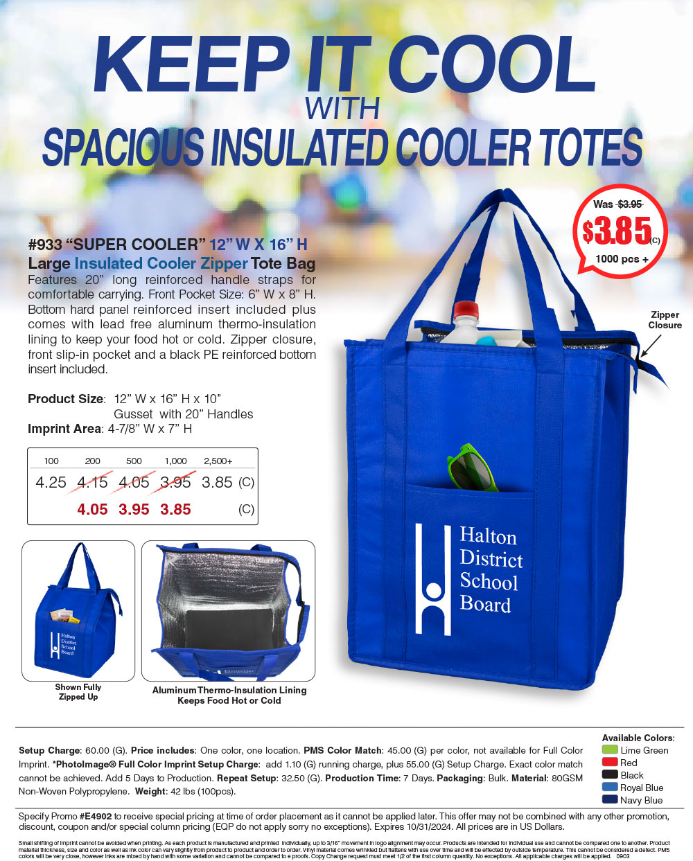 933 80GSM Non-Woven Large Zippered  Insulated -Super Cooler- Tote Bag
